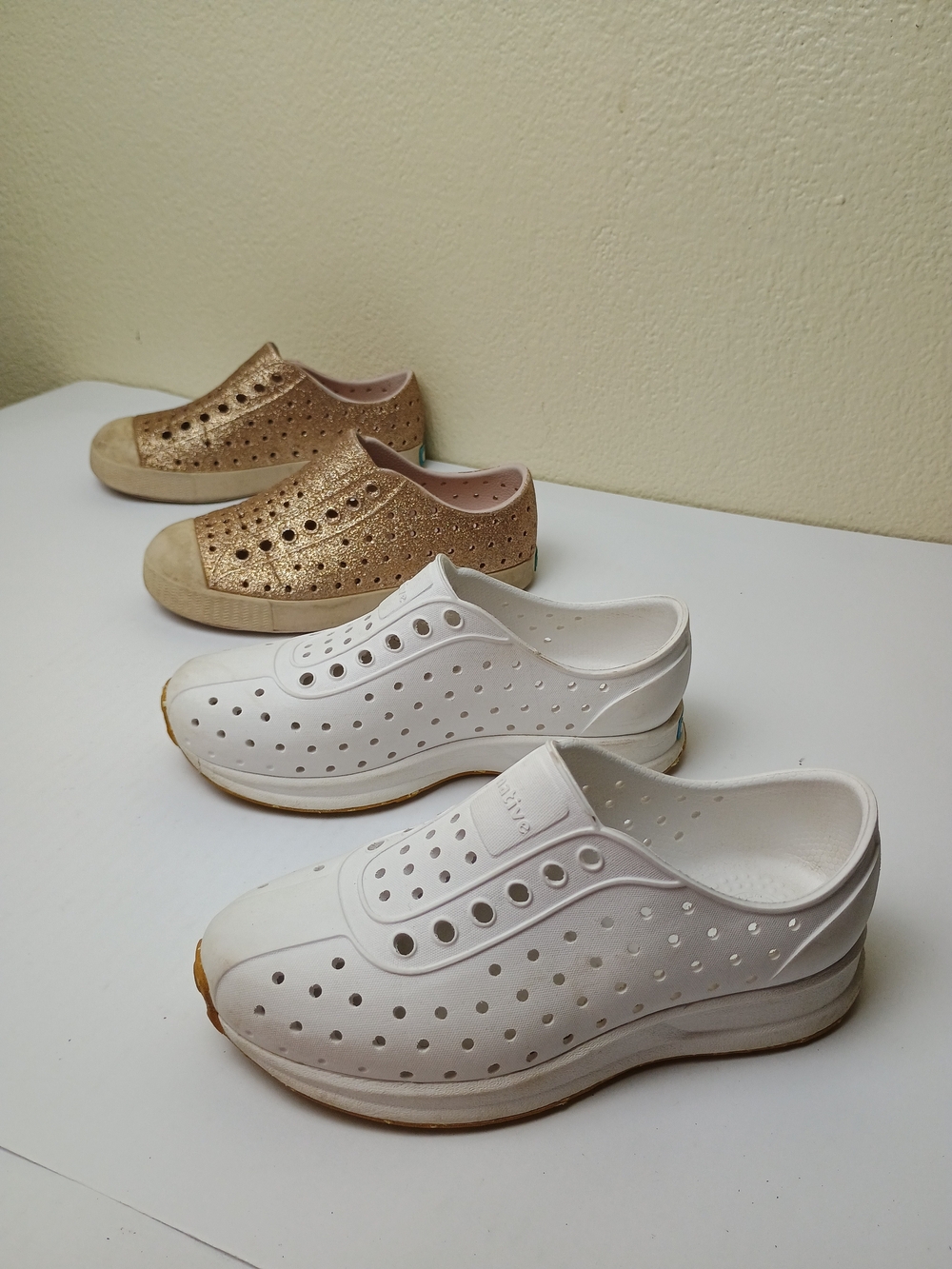 Native Little Kids Slip-On Water Shoes in White and Glitter Gold - Washable